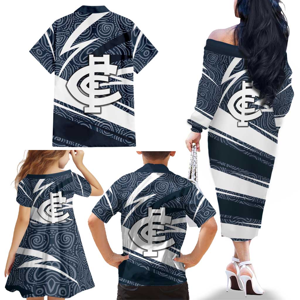 Carlton Blues Australian Football Family Matching Off The Shoulder Long Sleeve Dress and Hawaiian Shirt Superhero Mascot With Indigenous Pattern Art