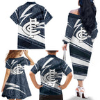 Carlton Blues Australian Football Family Matching Off The Shoulder Long Sleeve Dress and Hawaiian Shirt Superhero Mascot With Indigenous Pattern Art