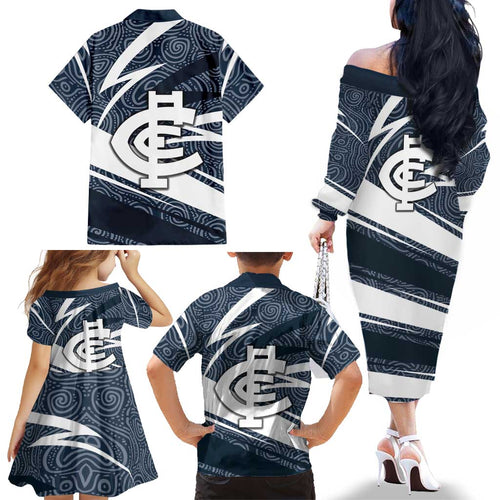 Carlton Blues Australian Football Family Matching Off The Shoulder Long Sleeve Dress and Hawaiian Shirt Superhero Mascot With Indigenous Pattern Art