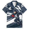 Carlton Blues Australian Football Family Matching Off The Shoulder Long Sleeve Dress and Hawaiian Shirt Superhero Mascot With Indigenous Pattern Art
