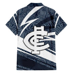 Carlton Blues Australian Football Family Matching Off The Shoulder Long Sleeve Dress and Hawaiian Shirt Superhero Mascot With Indigenous Pattern Art