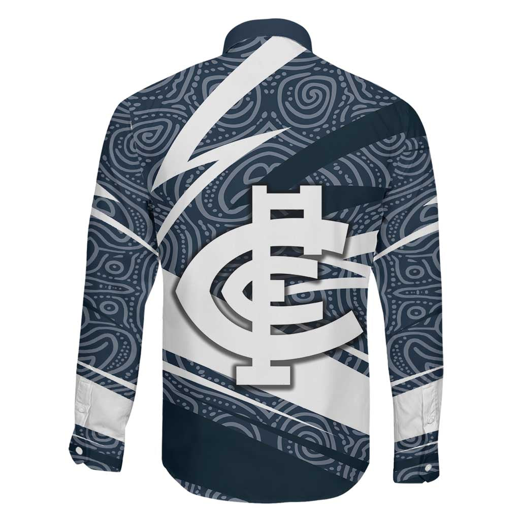 Carlton Blues Australian Football Family Matching Off The Shoulder Long Sleeve Dress and Hawaiian Shirt Superhero Mascot With Indigenous Pattern Art