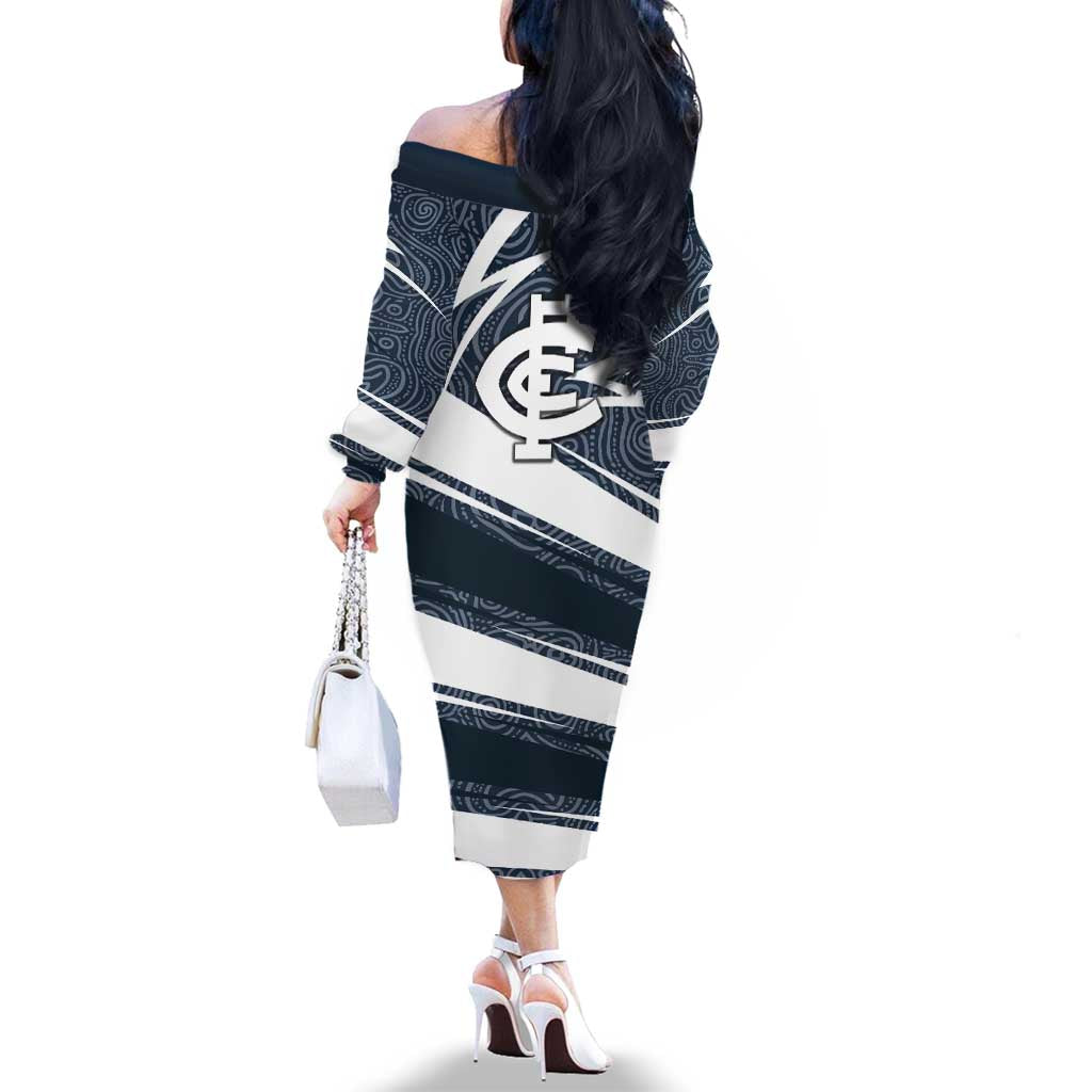Carlton Blues Australian Football Family Matching Off The Shoulder Long Sleeve Dress and Hawaiian Shirt Superhero Mascot With Indigenous Pattern Art