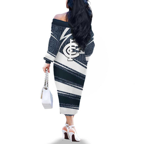 Carlton Blues Australian Football Family Matching Off The Shoulder Long Sleeve Dress and Hawaiian Shirt Superhero Mascot With Indigenous Pattern Art