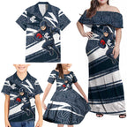 Carlton Blues Australian Football Family Matching Off Shoulder Maxi Dress and Hawaiian Shirt Superhero Mascot With Indigenous Pattern Art