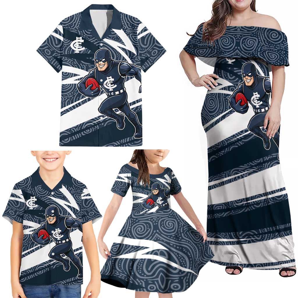 Carlton Blues Australian Football Family Matching Off Shoulder Maxi Dress and Hawaiian Shirt Superhero Mascot With Indigenous Pattern Art
