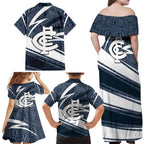 Carlton Blues Australian Football Family Matching Off Shoulder Maxi Dress and Hawaiian Shirt Superhero Mascot With Indigenous Pattern Art