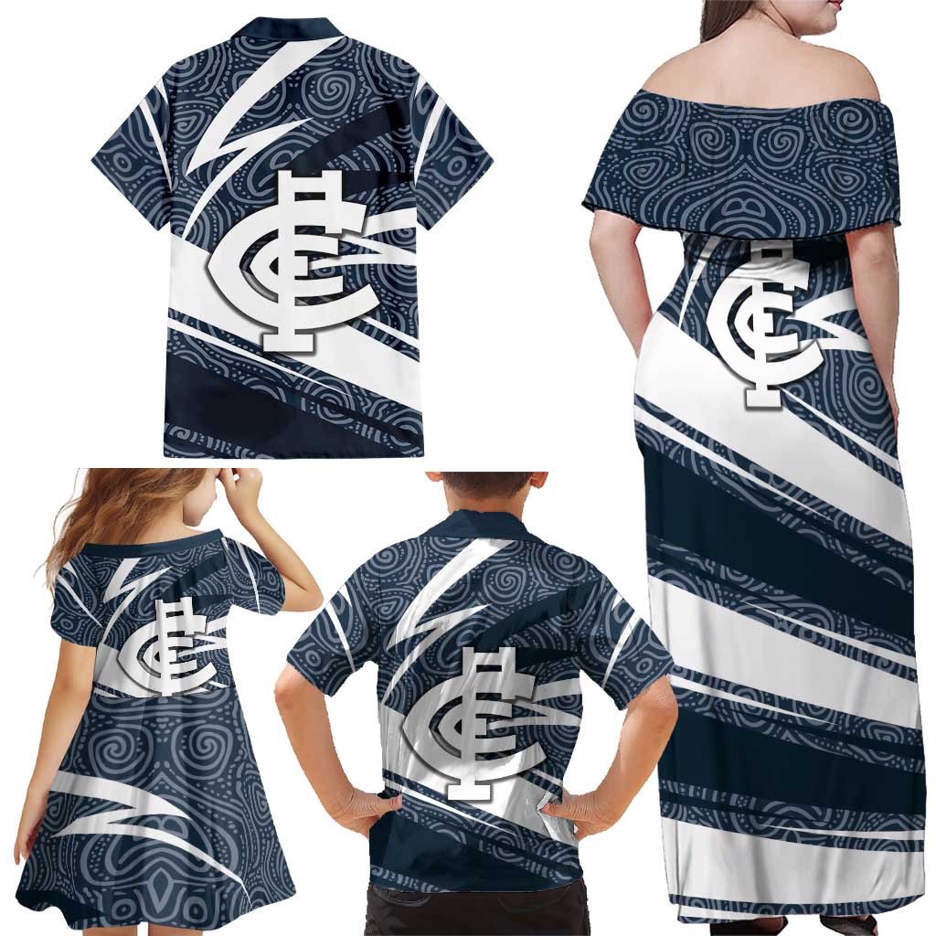 Carlton Blues Australian Football Family Matching Off Shoulder Maxi Dress and Hawaiian Shirt Superhero Mascot With Indigenous Pattern Art