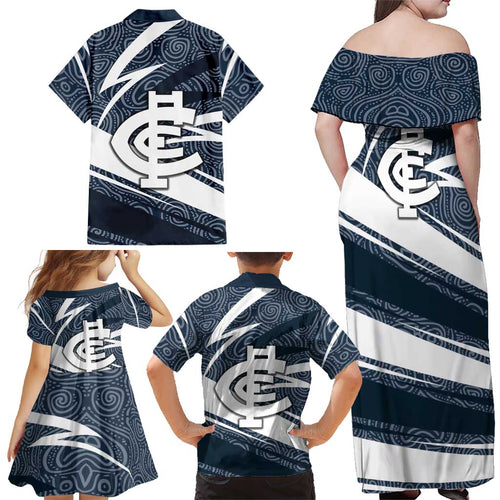Carlton Blues Australian Football Family Matching Off Shoulder Maxi Dress and Hawaiian Shirt Superhero Mascot With Indigenous Pattern Art