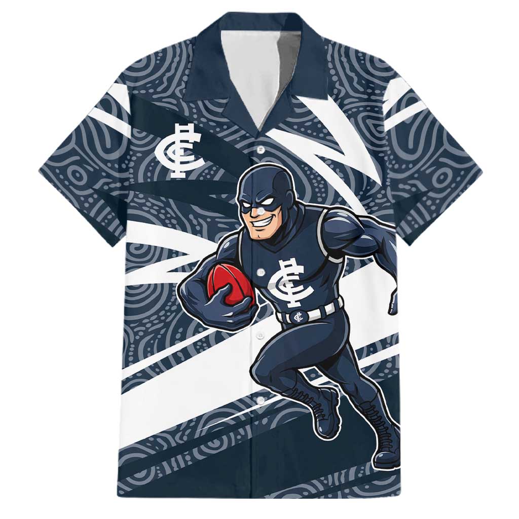 Carlton Blues Australian Football Family Matching Off Shoulder Maxi Dress and Hawaiian Shirt Superhero Mascot With Indigenous Pattern Art