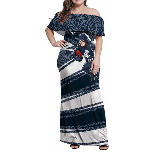 Carlton Blues Australian Football Family Matching Off Shoulder Maxi Dress and Hawaiian Shirt Superhero Mascot With Indigenous Pattern Art