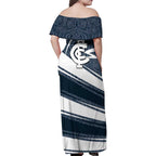 Carlton Blues Australian Football Family Matching Off Shoulder Maxi Dress and Hawaiian Shirt Superhero Mascot With Indigenous Pattern Art