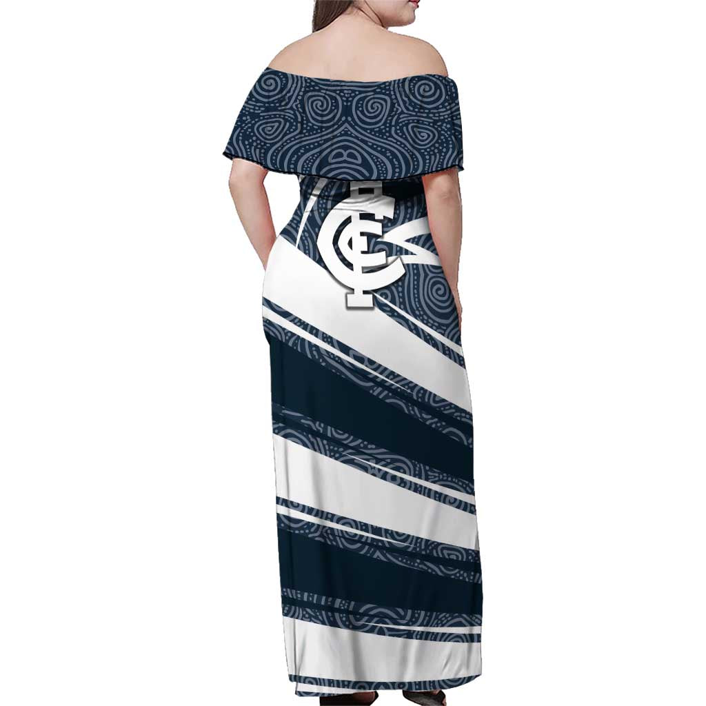 Carlton Blues Australian Football Family Matching Off Shoulder Maxi Dress and Hawaiian Shirt Superhero Mascot With Indigenous Pattern Art
