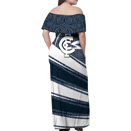 Carlton Blues Australian Football Family Matching Off Shoulder Maxi Dress and Hawaiian Shirt Superhero Mascot With Indigenous Pattern Art