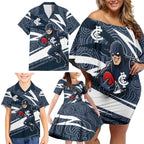 Carlton Blues Australian Football Family Matching Off Shoulder Short Dress and Hawaiian Shirt Superhero Mascot With Indigenous Pattern Art