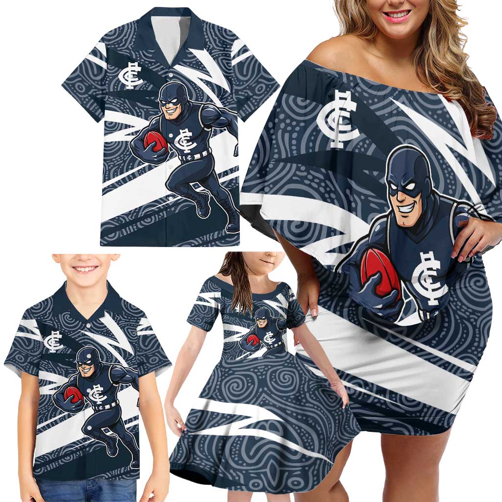 Carlton Blues Australian Football Family Matching Off Shoulder Short Dress and Hawaiian Shirt Superhero Mascot With Indigenous Pattern Art