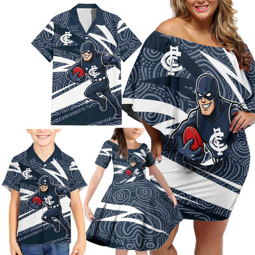 Carlton Blues Australian Football Family Matching Off Shoulder Short Dress and Hawaiian Shirt Superhero Mascot With Indigenous Pattern Art