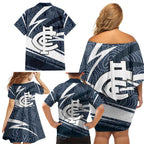 Carlton Blues Australian Football Family Matching Off Shoulder Short Dress and Hawaiian Shirt Superhero Mascot With Indigenous Pattern Art