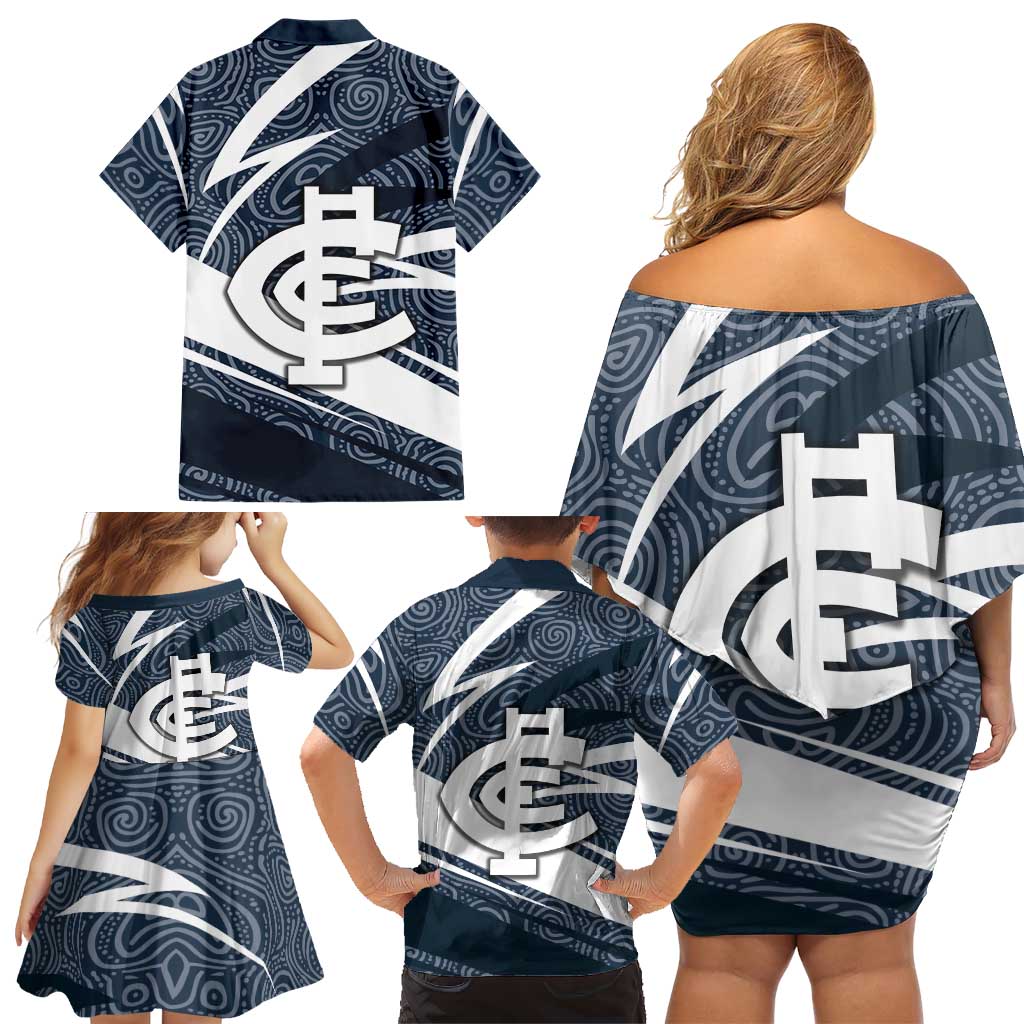 Carlton Blues Australian Football Family Matching Off Shoulder Short Dress and Hawaiian Shirt Superhero Mascot With Indigenous Pattern Art
