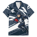 Carlton Blues Australian Football Family Matching Off Shoulder Short Dress and Hawaiian Shirt Superhero Mascot With Indigenous Pattern Art