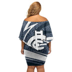 Carlton Blues Australian Football Family Matching Off Shoulder Short Dress and Hawaiian Shirt Superhero Mascot With Indigenous Pattern Art
