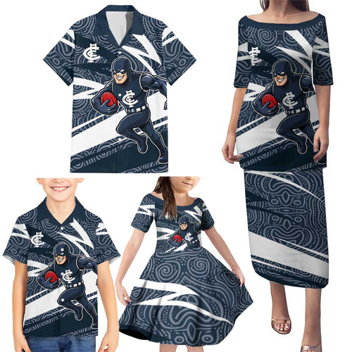 Carlton Blues Australian Football Family Matching Puletasi and Hawaiian Shirt Superhero Mascot With Indigenous Pattern Art