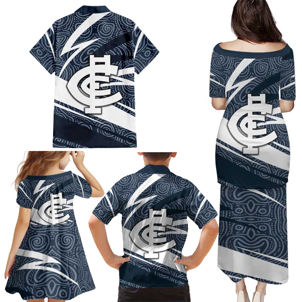 Carlton Blues Australian Football Family Matching Puletasi and Hawaiian Shirt Superhero Mascot With Indigenous Pattern Art