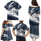 Carlton Blues Australian Football Family Matching Puletasi and Hawaiian Shirt Superhero Mascot With Indigenous Pattern Art