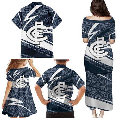 Carlton Blues Australian Football Family Matching Puletasi and Hawaiian Shirt Superhero Mascot With Indigenous Pattern Art