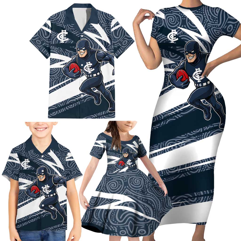 Carlton Blues Australian Football Family Matching Short Sleeve Bodycon Dress and Hawaiian Shirt Superhero Mascot With Indigenous Pattern Art
