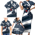 Carlton Blues Australian Football Family Matching Short Sleeve Bodycon Dress and Hawaiian Shirt Superhero Mascot With Indigenous Pattern Art