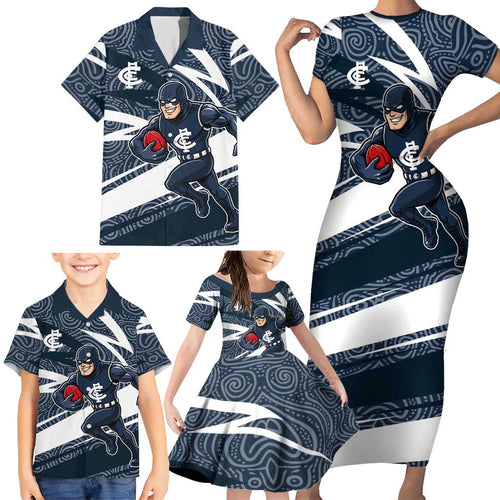 Carlton Blues Australian Football Family Matching Short Sleeve Bodycon Dress and Hawaiian Shirt Superhero Mascot With Indigenous Pattern Art