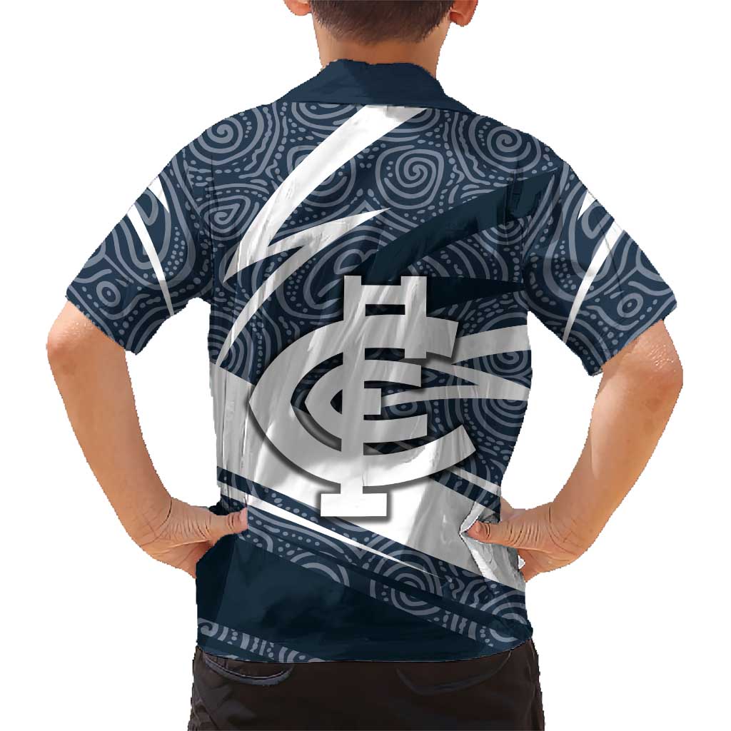 Carlton Blues Australian Football Family Matching Short Sleeve Bodycon Dress and Hawaiian Shirt Superhero Mascot With Indigenous Pattern Art