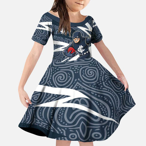 Carlton Blues Australian Football Family Matching Short Sleeve Bodycon Dress and Hawaiian Shirt Superhero Mascot With Indigenous Pattern Art