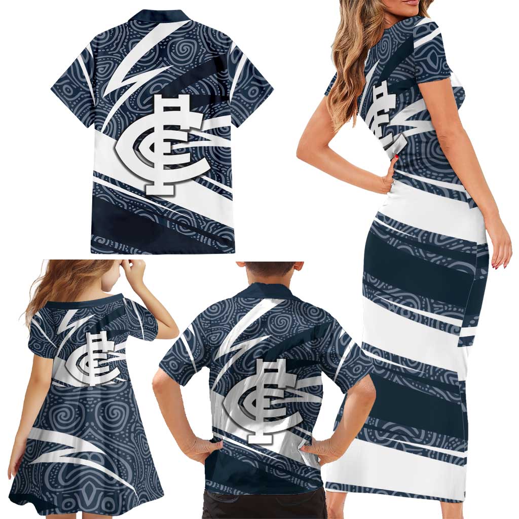 Carlton Blues Australian Football Family Matching Short Sleeve Bodycon Dress and Hawaiian Shirt Superhero Mascot With Indigenous Pattern Art