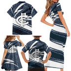 Carlton Blues Australian Football Family Matching Short Sleeve Bodycon Dress and Hawaiian Shirt Superhero Mascot With Indigenous Pattern Art