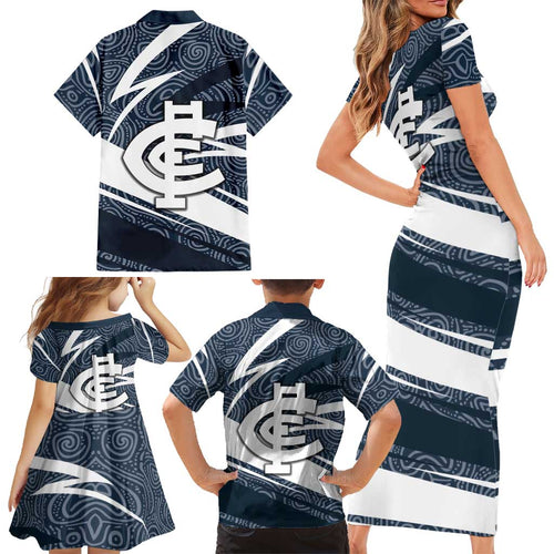 Carlton Blues Australian Football Family Matching Short Sleeve Bodycon Dress and Hawaiian Shirt Superhero Mascot With Indigenous Pattern Art