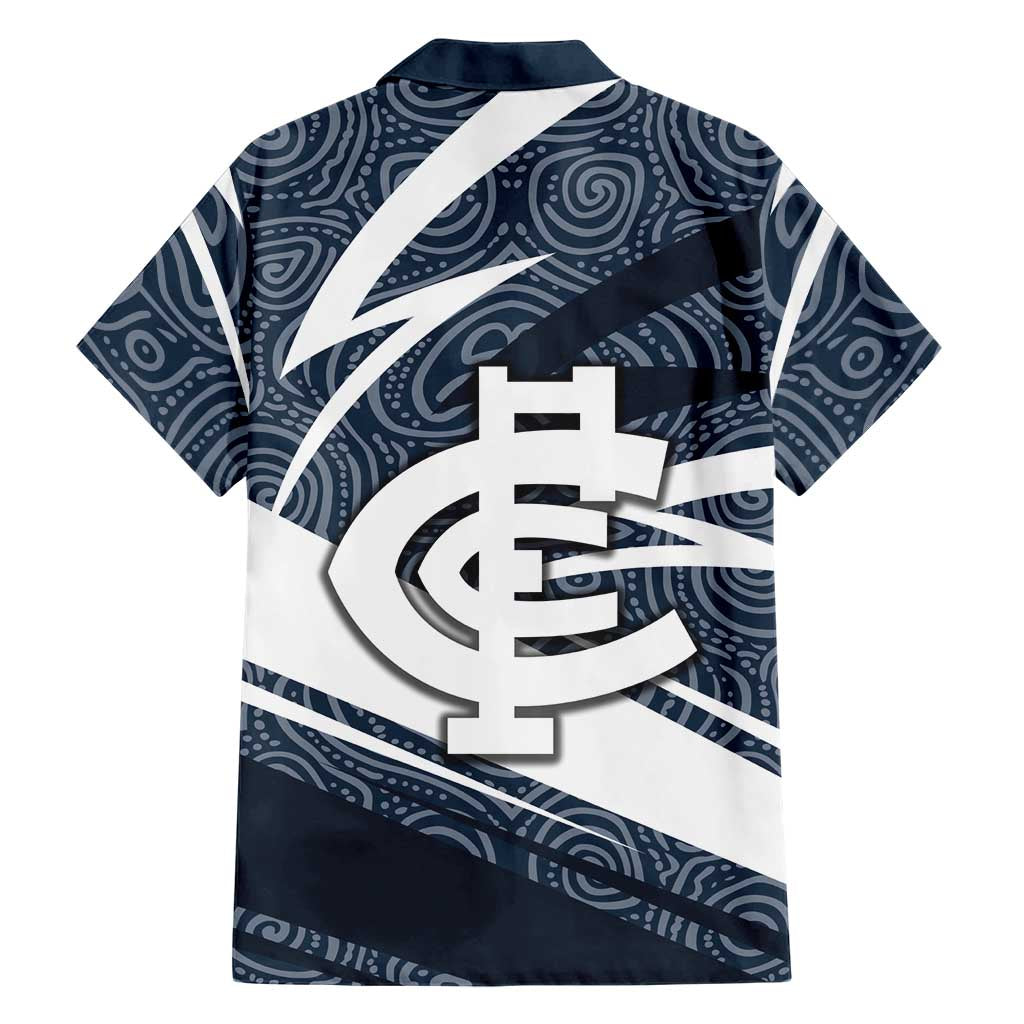 Carlton Blues Australian Football Family Matching Short Sleeve Bodycon Dress and Hawaiian Shirt Superhero Mascot With Indigenous Pattern Art