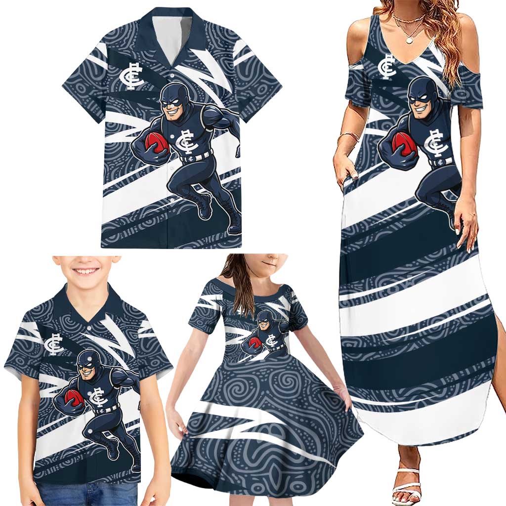 Carlton Blues Australian Football Family Matching Summer Maxi Dress and Hawaiian Shirt Superhero Mascot With Indigenous Pattern Art