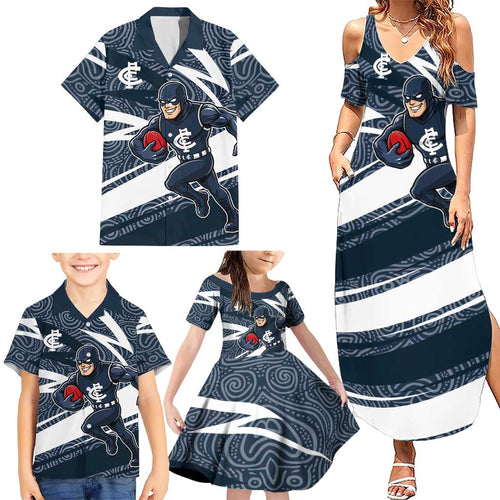 Carlton Blues Australian Football Family Matching Summer Maxi Dress and Hawaiian Shirt Superhero Mascot With Indigenous Pattern Art