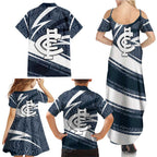 Carlton Blues Australian Football Family Matching Summer Maxi Dress and Hawaiian Shirt Superhero Mascot With Indigenous Pattern Art