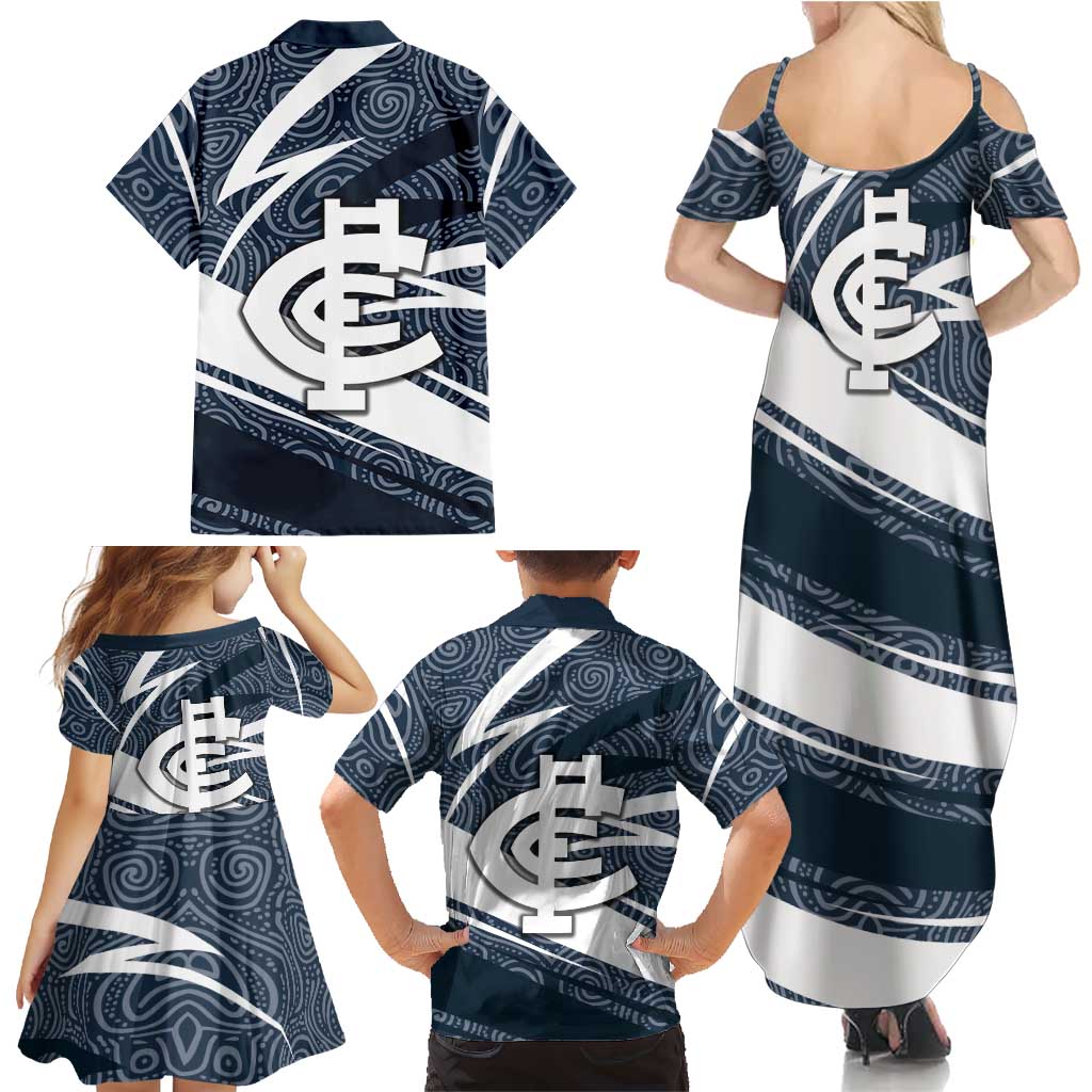 Carlton Blues Australian Football Family Matching Summer Maxi Dress and Hawaiian Shirt Superhero Mascot With Indigenous Pattern Art
