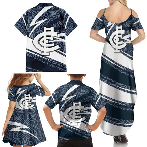 Carlton Blues Australian Football Family Matching Summer Maxi Dress and Hawaiian Shirt Superhero Mascot With Indigenous Pattern Art