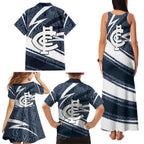 Carlton Blues Australian Football Family Matching Tank Maxi Dress and Hawaiian Shirt Superhero Mascot With Indigenous Pattern Art