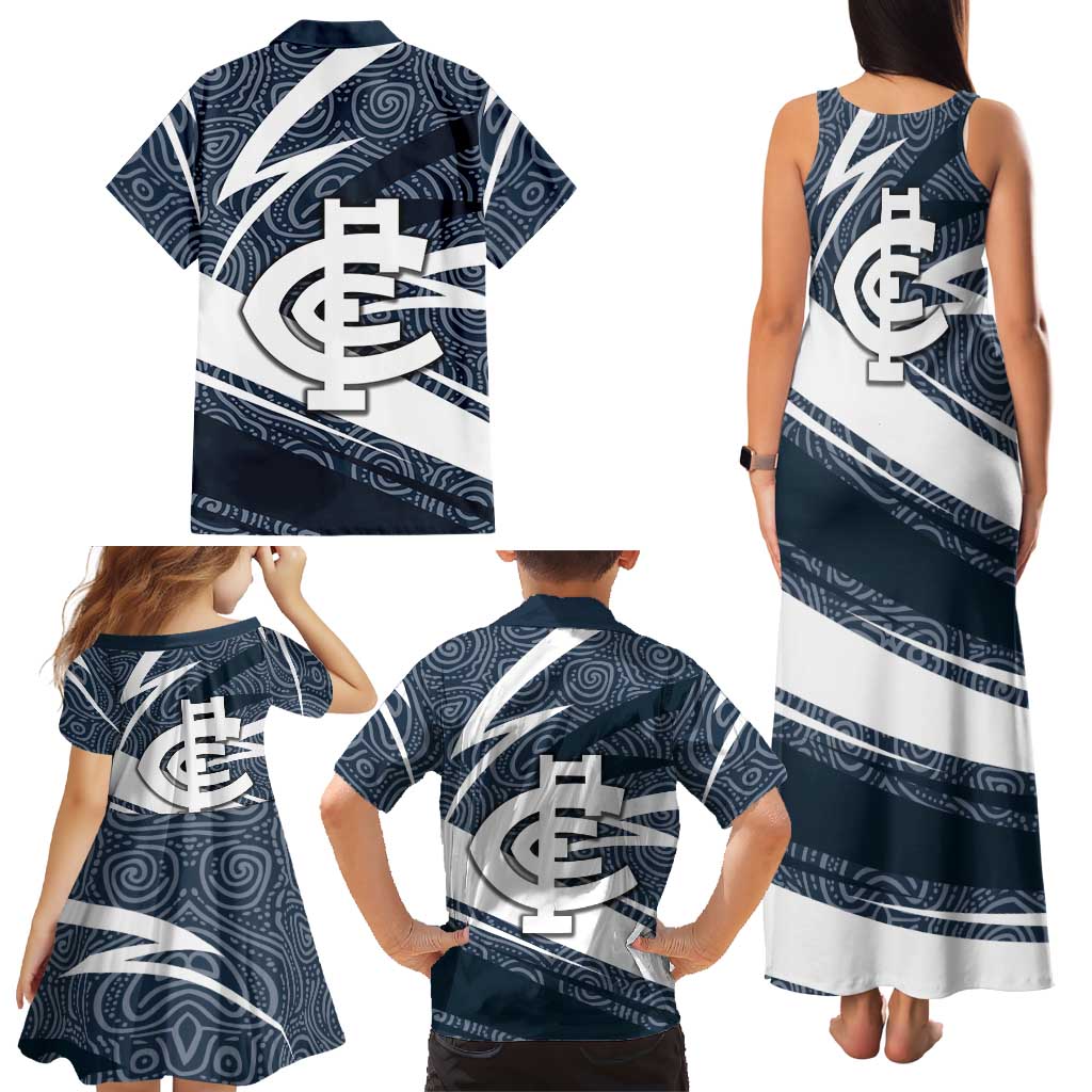 Carlton Blues Australian Football Family Matching Tank Maxi Dress and Hawaiian Shirt Superhero Mascot With Indigenous Pattern Art