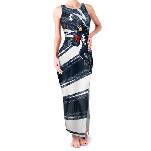 Carlton Blues Australian Football Family Matching Tank Maxi Dress and Hawaiian Shirt Superhero Mascot With Indigenous Pattern Art