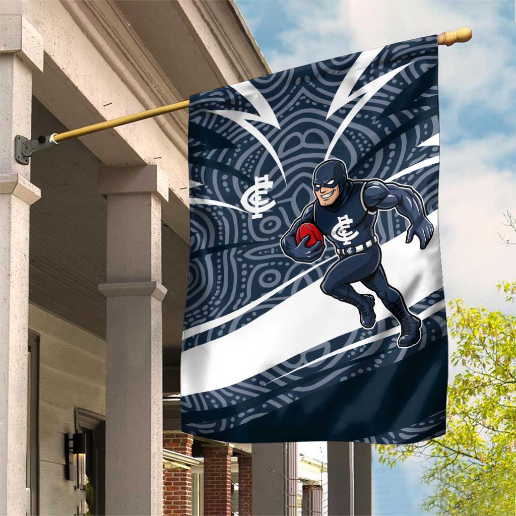 Carlton Blues Australian Football Garden Flag Superhero Mascot With Indigenous Pattern Art