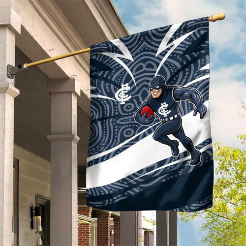 Carlton Blues Australian Football Garden Flag Superhero Mascot With Indigenous Pattern Art
