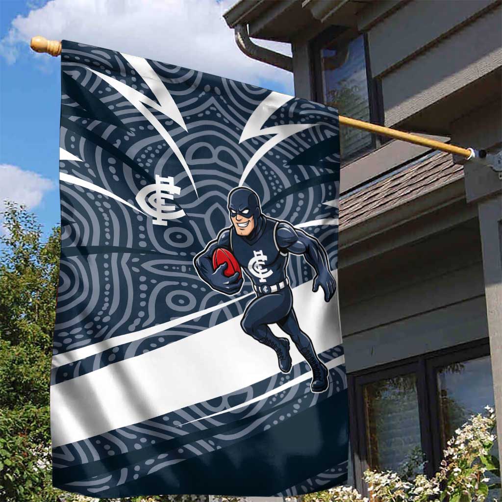Carlton Blues Australian Football Garden Flag Superhero Mascot With Indigenous Pattern Art