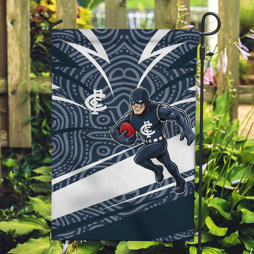 Carlton Blues Australian Football Garden Flag Superhero Mascot With Indigenous Pattern Art